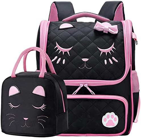 פאו-וו-ג ' יי Cute Black Backpacks with Lunch Box for Teen Girls, Kids Backpack for Toddler Preschool Bookbags Elementary School Bags